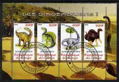 Congo 2010 Dinosaurs #01 perf sheetlet containing 4 values fine cto used, stamps on dinosaurs
