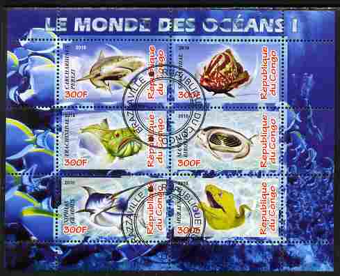 Congo 2010 Ocean Life #01 perf sheetlet containing 6 values fine cto used, stamps on marine life, stamps on fish