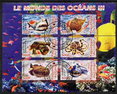 Congo 2010 Ocean Life #03 perf sheetlet containing 6 values fine cto used, stamps on marine life, stamps on fish, stamps on coral
