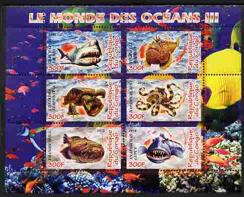 Congo 2010 Ocean Life #03 perf sheetlet containing 6 values unmounted mint, stamps on , stamps on  stamps on marine life, stamps on  stamps on fish, stamps on  stamps on coral