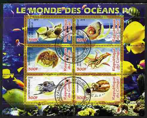 Congo 2010 Ocean Life #04 perf sheetlet containing 6 values fine cto used, stamps on marine life, stamps on fish, stamps on coral