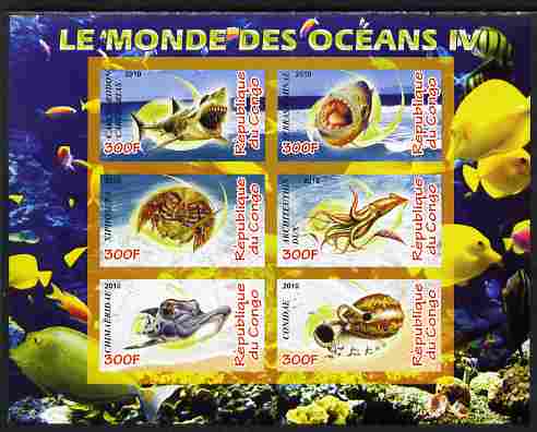 Congo 2010 Ocean Life #04 imperf sheetlet containing 6 values unmounted mint, stamps on marine life, stamps on fish, stamps on coral