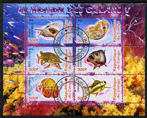 Congo 2010 Ocean Life #05 perf sheetlet containing 6 values fine cto used, stamps on marine life, stamps on fish, stamps on coral