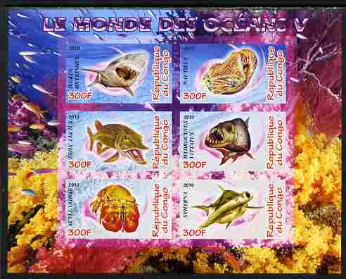 Congo 2010 Ocean Life #05 imperf sheetlet containing 6 values unmounted mint, stamps on marine life, stamps on fish, stamps on coral