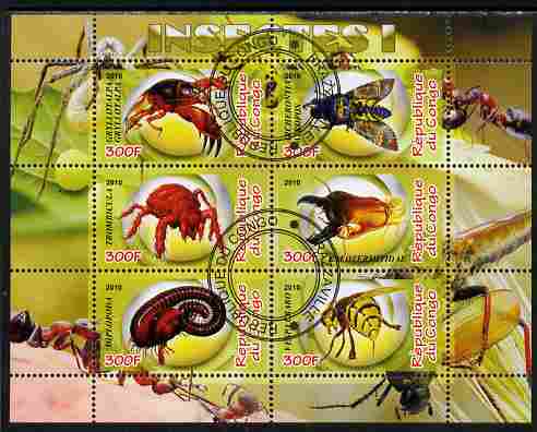 Congo 2010 Insects #01 perf sheetlet containing 6 values fine cto used, stamps on insects