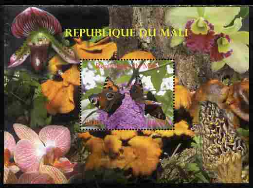 Mali 2010 Butterflies #01 with Orchids & Fungi in background perf s/sheet unmounted mint. Note this item is privately produced and is offered purely on its thematic appeal,, stamps on butterflies, stamps on flowers, stamps on orchids, stamps on fungi
