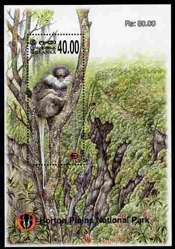Sri Lanka 2010 Horton Plains National Park perf s/sheet #4 Leaf Monkey 40r unmounted mint , stamps on , stamps on  stamps on national parks, stamps on  stamps on animals, stamps on  stamps on apes