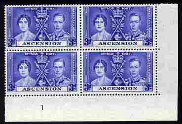 Ascension 1937 KG6 Coronation 3d corner plate block of 4 (plate 1) unmounted mint (Coronation plate blocks are rare) SG 37, stamps on , stamps on  stamps on , stamps on  stamps on  kg6 , stamps on  stamps on coronation