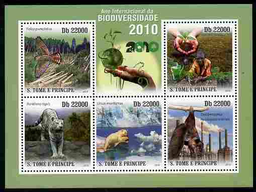 St Thomas & Prince Islands 2010 International Year of Biodiversity perf sheetlet containing 5 values unmounted mint, stamps on animals, stamps on birds, stamps on birds of prey, stamps on flowers, stamps on bears, stamps on tigers, stamps on bats, stamps on mannals