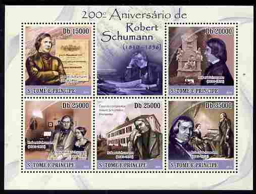 St Thomas & Prince Islands 2010 200th Birth Anniversary of Robert Schumann perf sheetlet containing 5 values unmounted mint, stamps on music, stamps on composers, stamps on personalities, stamps on 
