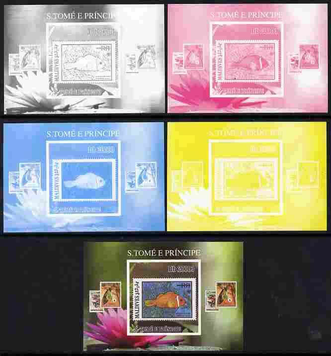 St Thomas & Prince Islands 2010 Stamp On Stamp - WWF Anenome Fish (Maldive Islands) individual deluxe sheet - the set of 5 imperf progressive proofs comprising the 4 indi..., stamps on stamponstamp, stamps on stamp on stamp, stamps on  wwf , stamps on fish, stamps on marine life