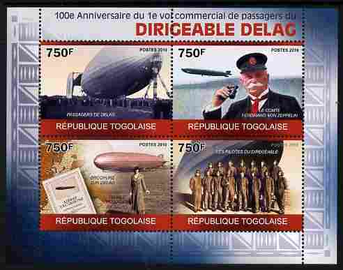Togo 2010 Centenary of First Commercial Flight of Airship Delag perf sheetlet containing 4 values unmounted mint, stamps on aviation, stamps on airships