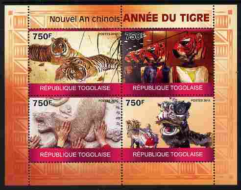 Togo 2010 Chinese New Year - Year of te Tiger perf sheetlet containing 4 values unmounted mint, stamps on lunar, stamps on tiger, stamps on lunar, stamps on lunar new year, stamps on tigers