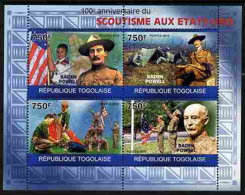 Togo 2010 Centenary of Scouting in United States perf sheetlet containing 4 values unmounted mint, stamps on scouts, stamps on americana, stamps on 