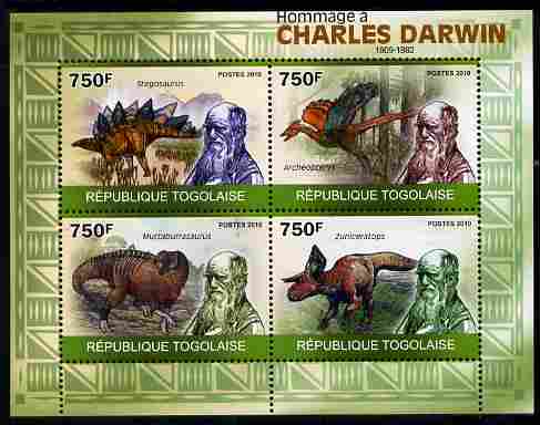 Togo 2010 Tribute to Charles Darwin perf sheetlet containing 4 values unmounted mint, stamps on personalities, stamps on science, stamps on animals.darwin, stamps on dinosaurs, stamps on darwin