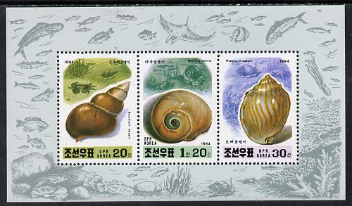 North Korea 1994 Shells sheetlet #1 containing 20ch, 30ch & 1.2wn values, stamps on , stamps on  stamps on shells    marine-life   fish