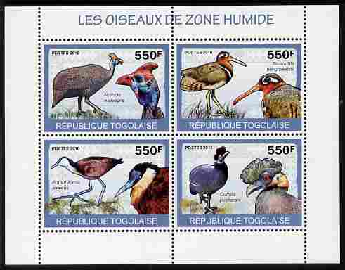 Togo 2010 Birds - Wetland Birds perf sheetlet containing 4 values unmounted mint, stamps on birds, stamps on 