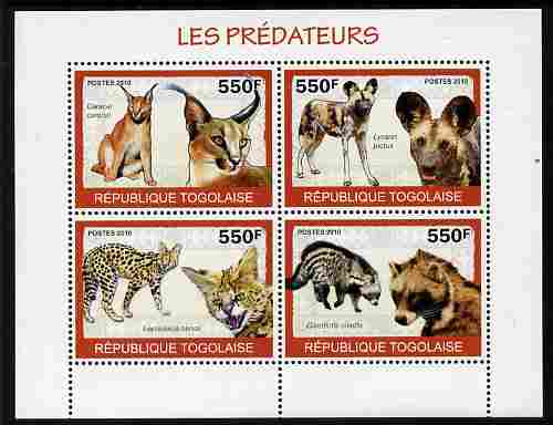Togo 2010 Predators #1 perf sheetlet containing 4 values unmounted mint, stamps on , stamps on  stamps on animals, stamps on  stamps on caracal, stamps on  stamps on cats