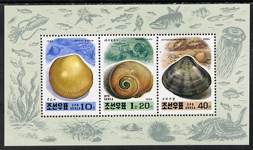 North Korea 1994 Shells sheetlet #2 containing 10ch, 40ch & 1.2wn values, stamps on shells    marine-life   fish