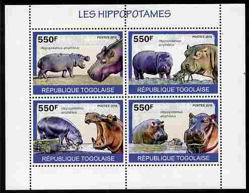 Togo 2010 Hippos perf sheetlet containing 4 values unmounted mint , stamps on , stamps on  stamps on animals, stamps on  stamps on hippos