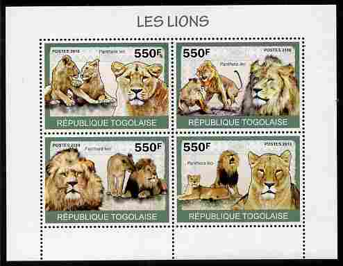 Togo 2010 Lions perf sheetlet containing 4 values unmounted mint , stamps on animals, stamps on lions, stamps on cats
