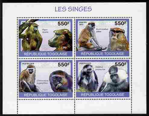 Togo 2010 Monkeys perf sheetlet containing 4 values unmounted mint , stamps on animals, stamps on apes