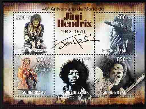 Guinea - Bissau 2010 40th Death Anniversary of Jimi Hendrix perf sheetlet containing 5 values unmounted mint , stamps on personalities, stamps on music, stamps on rock, stamps on pops, stamps on hendrix