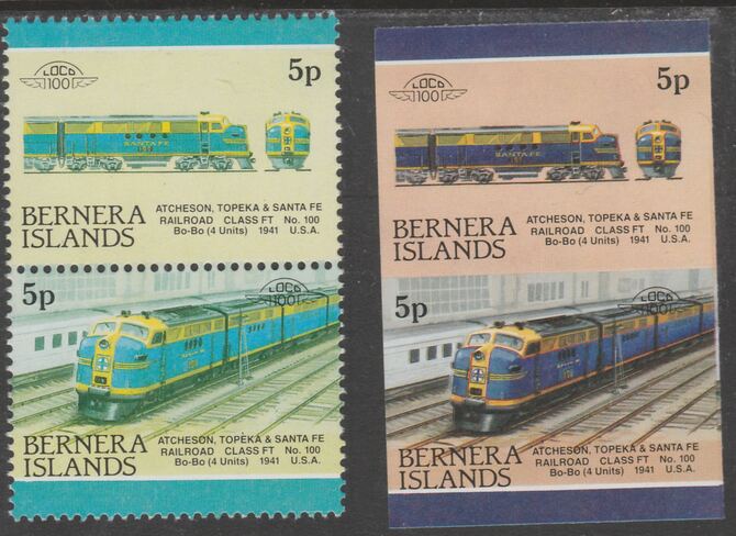 Bernera 1983 Locomotives #2 (Atcheson, Topeka & Santa Fe) 5p - Complete sheet of 30 (15 se-tenant pairs) all with red omitted plus  one imperf pair as normal, unmounted mint. About 30 years ago, I was one of the major buyers of the Format International archives. Now I've reached retirement age, I've decided to sell off much of that stock at unbeatable prices. For each sheet of 15 errors you'll just pay less than the price of 4., stamps on , stamps on  stamps on railways, stamps on  stamps on errors, stamps on  stamps on wholesale
