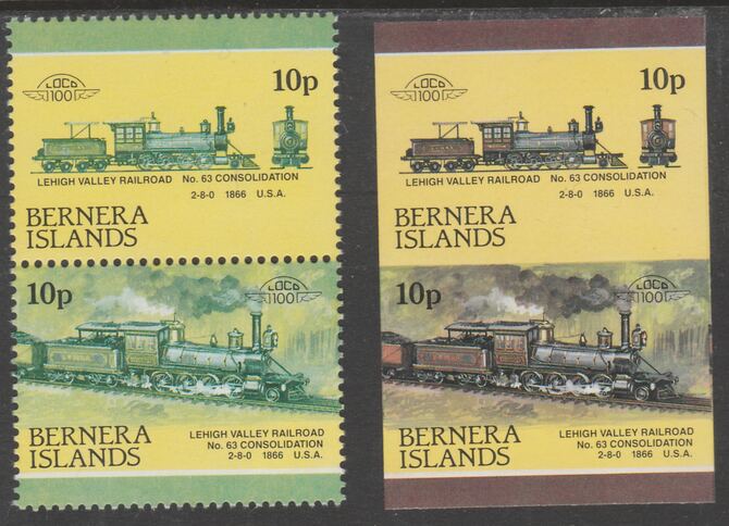 Bernera 1983 Locomotives #2 (Lehigh Valley Railroad) 10p - Complete sheet of 30 (15 se-tenant pairs) all with red omitted plus  one imperf pair as normal, unmounted mint. About 30 years ago, I was one of the major buyers of the Format International archives. Now I've reached retirement age, I've decided to sell off much of that stock at unbeatable prices. For each sheet of 15 errors you'll just pay less than the price of 4., stamps on railways, stamps on errors, stamps on wholesale