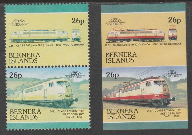 Bernera 1983 Locomotives #2 (DB Class EO3) 26p - Complete sheet of 30 (15 se-tenant pairs) all with red omitted plus  one imperf pair as normal, unmounted mint. About 30 years ago, I was one of the major buyers of the Format International archives. Now I've reached retirement age, I've decided to sell off much of that stock at unbeatable prices. For each sheet of 15 errors you'll just pay less than the price of 4., stamps on railways, stamps on errors, stamps on wholesale