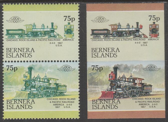 Bernera 1983 Locomotives #2 (Chicago, Rock Island & Pacific Railroad) 75p - Complete sheet of 30 (15 se-tenant pairs) all with red omitted plus  one imperf pair as normal, unmounted mint. About 30 years ago, I was one of the major buyers of the Format International archives. Now I've reached retirement age, I've decided to sell off much of that stock at unbeatable prices. For each sheet of 15 errors you'll just pay less than the price of 4., stamps on railways, stamps on errors, stamps on wholesale