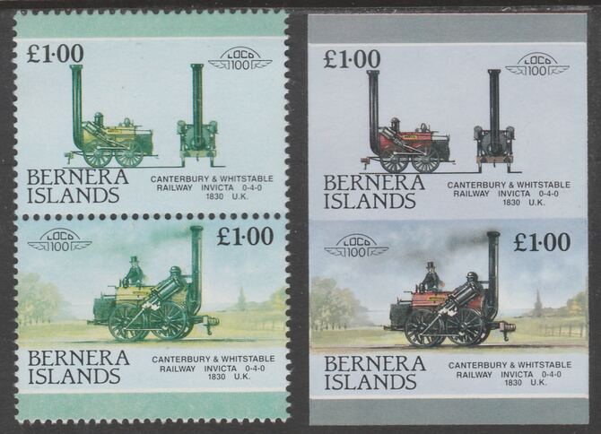 Bernera 1983 Locomotives #2 (Canterbury & Whitstable Rly) Â£1 - Complete sheet of 30 (15 se-tenant pairs) all with red omitted plus  one imperf pair as normal, unmounted mint. About 30 years ago, I was one of the major buyers of the Format International archives. Now I've reached retirement age, I've decided to sell off much of that stock at unbeatable prices. For each sheet of 15 errors you'll just pay less than the price of 4., stamps on railways, stamps on errors, stamps on wholesale