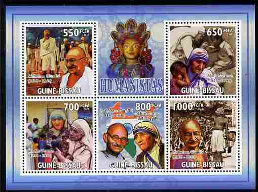 Guinea - Bissau 2010 Mahatma Gandhi perf sheetlet containing 5 values unmounted mint , stamps on personalities, stamps on gandhi, stamps on constitutions