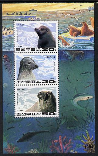 North Korea 1994 Marine Mammals sheetlet containing 20ch, 30ch & 50ch values unmounted mint, stamps on marine life, stamps on animals, stamps on mammals