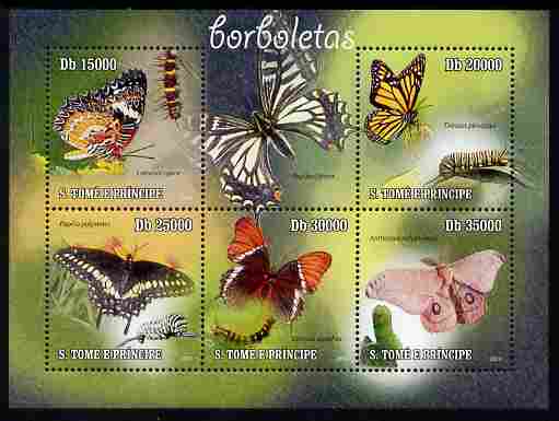 St Thomas & Prince Islands 2010 Butterflies perf sheetlet containing 5 values unmounted mint , stamps on butterflies