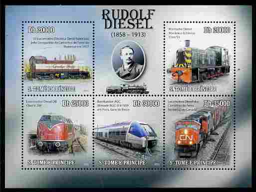 St Thomas & Prince Islands 2010 Rudolf Diesel perf sheetlet containing 5 values unmounted mint , stamps on , stamps on  stamps on personalities, stamps on  stamps on railways