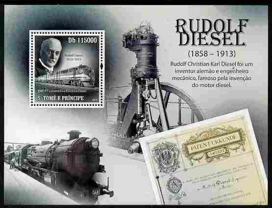 St Thomas & Prince Islands 2010 Rudolf Diesel perf m/sheet unmounted mint , stamps on personalities, stamps on railways