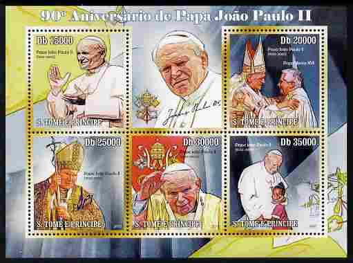 St Thomas & Prince Islands 2010 90th Birth Anniversary of Pope John Paul II perf sheetlet containing 5 values unmounted mint , stamps on personalities, stamps on pope, stamps on popes
