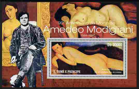 St Thomas & Prince Islands 2010 90th Death Anniversary of Amadeo Modigliani perf m/sheet unmounted mint , stamps on personalities, stamps on arts, stamps on modigliani