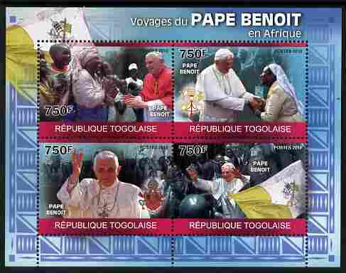 Togo 2010 Pope Benedict in Africa perf sheetlet containing 4 values unmounted mint Michel 3554-57, stamps on personalities, stamps on pope, stamps on popes