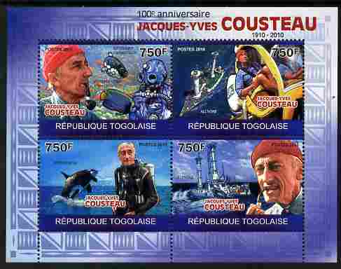 Togo 2010 Birth Centenary of Jacques Cousteau perf sheetlet containing 4 values unmounted mint Michel 3524-27, stamps on personalities, stamps on ships, stamps on marine life, stamps on scuba, stamps on whales, stamps on helicopters