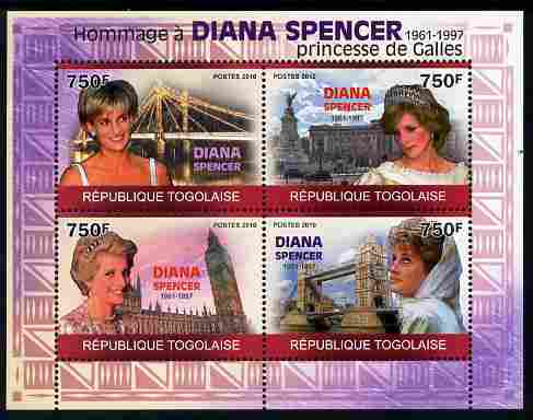 Togo 2010 Tribute to Princess Diana perf sheetlet containing 4 values unmounted mint Michel 3549-52, stamps on personalities, stamps on royalty, stamps on diana, stamps on bridges, stamps on london