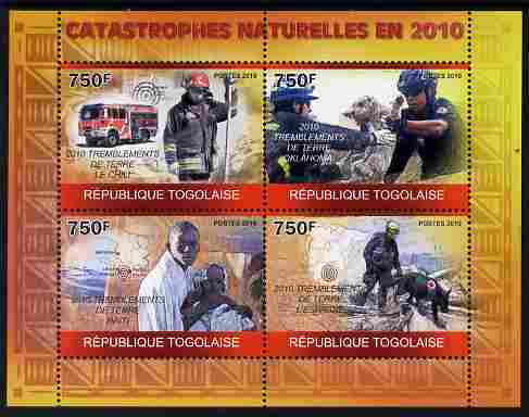 Togo 2010 Natural Disasters in 2010 perf sheetlet containing 4 values unmounted mint Michel 3574-77, stamps on disasters, stamps on fire, stamps on maps, stamps on dogs, stamps on red cross, stamps on rescue