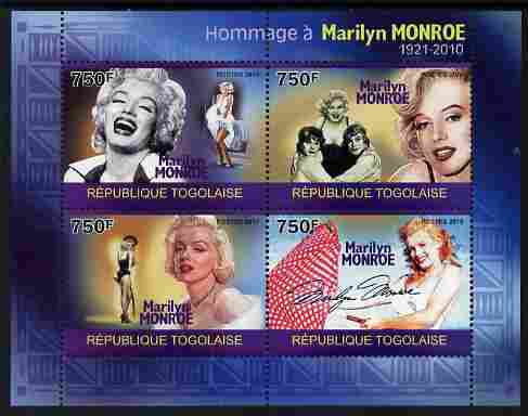 Togo 2010 Marilyn Monroe perf sheetlet containing 4 values unmounted mint Michel 3529-32, stamps on personalities, stamps on films, stamps on cinema, stamps on movies, stamps on music, stamps on marilyn, stamps on monroe, stamps on umbrellas