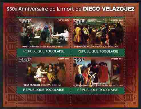 Togo 2010 350th Death Anniversary of Diego Velazquez perf sheetlet containing 4 values unmounted mint Michel 3494-97, stamps on personalities, stamps on arts