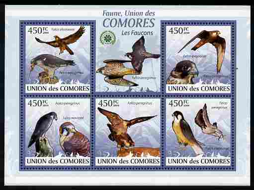 Comoro Islands 2009 Hawks perf sheetlet containing 5 values unmounted mint Michel 2407-11, stamps on , stamps on  stamps on birds, stamps on  stamps on birds of prey, stamps on  stamps on hawks