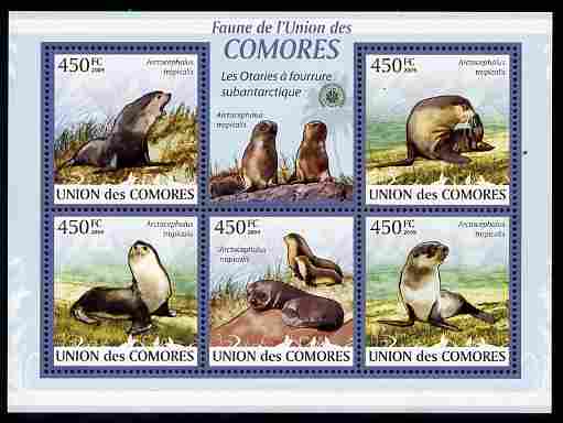 Comoro Islands 2009 Sea Lions perf sheetlet containing 5 values unmounted mint Michel 2435-39, stamps on animals, stamps on marine life