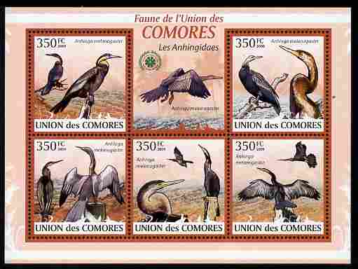 Comoro Islands 2009 Snake Bird (Darter) perf sheetlet containing 5 values unmounted mint Michel 2372-76, stamps on birds, stamps on snake bird, stamps on darter