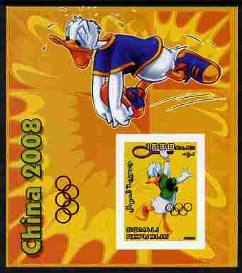 Somalia 2006 Beijing Olympics (China 2008) #04 - Donald Duck Sports - Running & Tennis imperf souvenir sheet unmounted mint. Note this item is privately produced and is offered purely on its thematic appeal with Olympic Rings overprinted on stamp and in margin at lower left, stamps on disney, stamps on entertainments, stamps on films, stamps on cinema, stamps on cartoons, stamps on sport, stamps on stamp exhibitions, stamps on running, stamps on tennis, stamps on , stamps on olympics