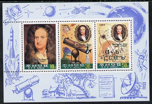 North Korea 1993 Sir Isaac Newton sheetlet #2 containing 10ch, 30ch & 50ch values unmounted mint, stamps on personalities, stamps on science, stamps on space, stamps on maths